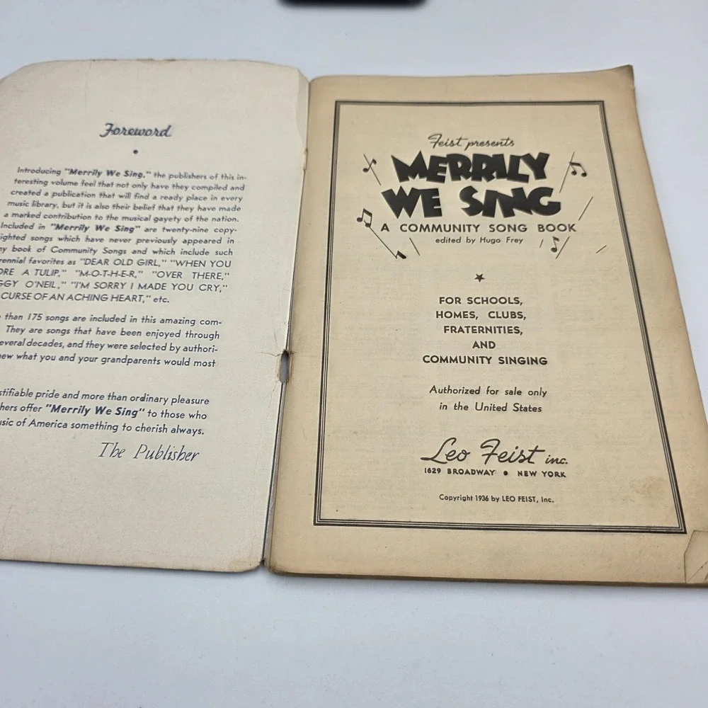 Merrily We Sing Community Song Book by Hugo Frey 1936 1st Edition Songbook Vtg.